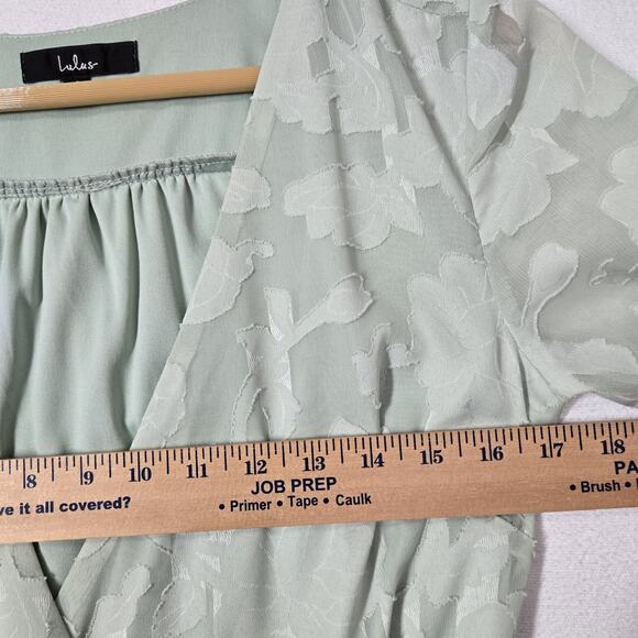Lulu's Jacquard Short Sleeve Wrap Midi Dress S Blissfully Sage Green Ruffle - Picture 10 of 12